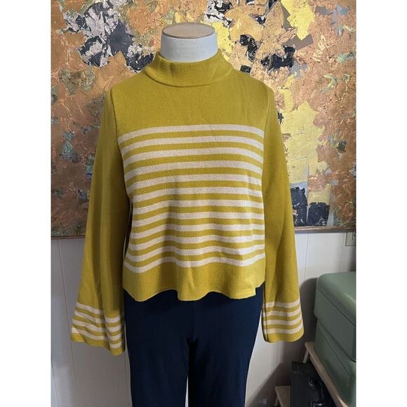 Moth Anthropologie Womens L Mock Neck Sweater Mustard Stripe Crop Bell Sleeves - Picture 2 of 7